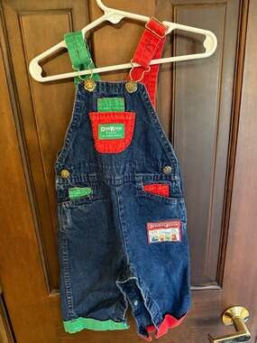Vintage OshKosh B'gosh Vestbak Denim Overalls with Red and Green Accents Size 18